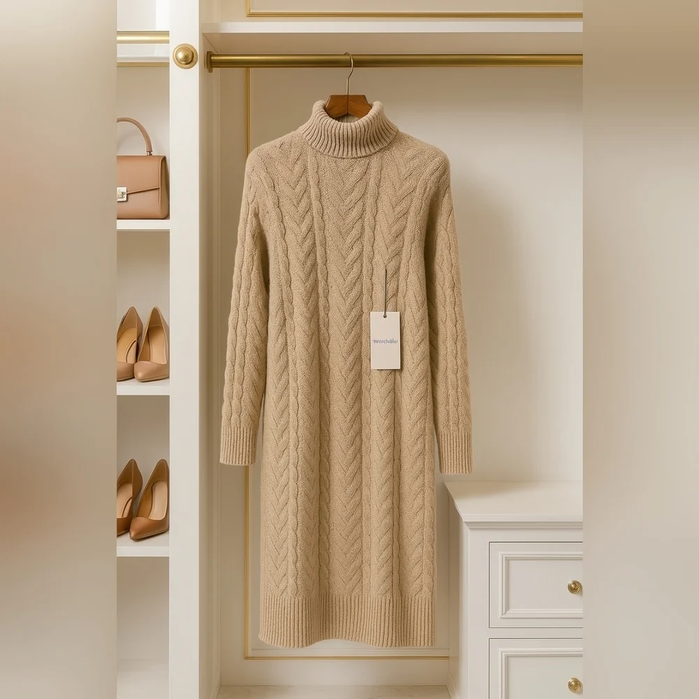 Sweater Dress Capsule Classic Cable Knit Soft Stretch Turtleneck Midi New